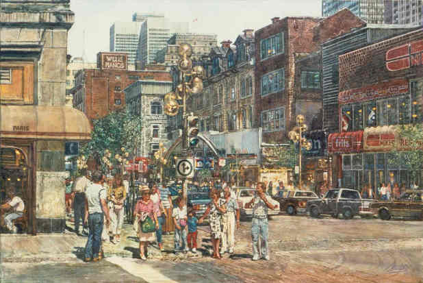 Rue Sainte Catherine, Montreal, 24inx36in acrylic on canvas...STOLEN